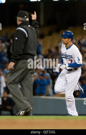 Apr. 30, 2010 - Los Angeles, California, U.S - 30 April 2010:  Los Angeles Dodgers first baseman James Loney (7) rounds the bases after hitting a home run as an umpire signals for home run.The Pittsburgh Pirates lost to the Los Angeles Dodgers 6-2, at Dodger Stadium in Los Angeles, California.  .Mandatory Credit: Andrew Fielding / Southcreek Global (Credit Image: © Andrew Fielding/ Stock Photo