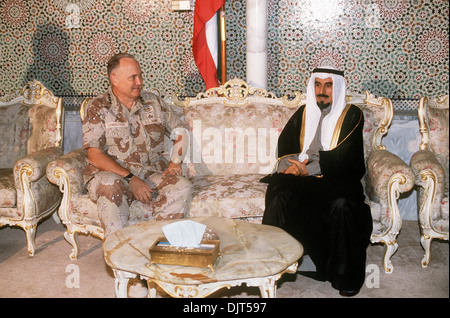 US Gen H. Norman Schwarzkopf, commander-in-chief of the Central Command, visits with Jaber Al-Ahmed Al-Jaber Al-Sabah, the emir of Kuwait April 11, 1991 in Kuwait City, Kuwait. Stock Photo