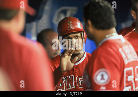 Apr. 18, 2010 - Toronto, Ontario, Canada - 18 April 2010: Los Angeles Angels shortstop Erick Aybar (2) is seen being congratulated by teammates in the dugout after scoring a run. The Angels defeated the Blue Jays 3-1 at the Rogers Centre in Toronto, Ontario. (Credit Image: © Adrian Gauthier/Southcreek Global/ZUMApress.com) Stock Photo