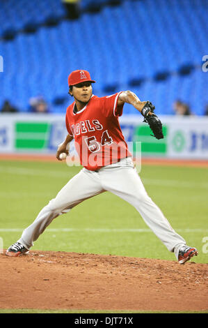 Apr. 18, 2010 - Toronto, Ontario, Canada - 18 April 2010: Los Angeles Angels starting pitcher Ervin Santana (54) is seen pitching late into his complete game against the Toronto Blue Jays. The Angels defeated the Blue Jays 3-1 at the Rogers Centre in Toronto, Ontario. (Credit Image: © Adrian Gauthier/Southcreek Global/ZUMApress.com) Stock Photo