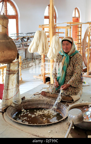 Silk production factory, Hotan, Hotan Prefecture, Xinjiang Uyghur Autonomous Region, China Stock Photo