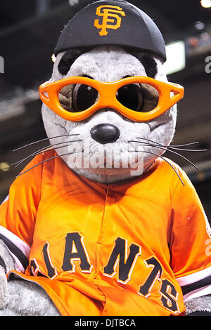 San Francisco, CA: San Francisco Giants mascot Lou Seal gives out