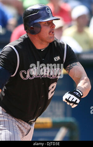 22 May 2010: Rockies DH Jason Giambi (#23) gets a hit inside his bat. The  Kansas City Royals were defeated by the Colorado Rockies 3-0 at Kauffman  Stadium, Kansas City, Missouri..Mandatory Credit