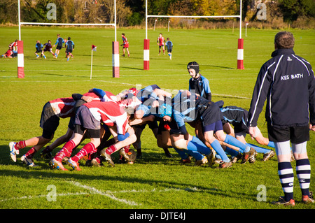 Under 14 year old school rugby match King Edwards School against Prior Park School in Bathampton playing fields near Bath Somerset Stock Photo