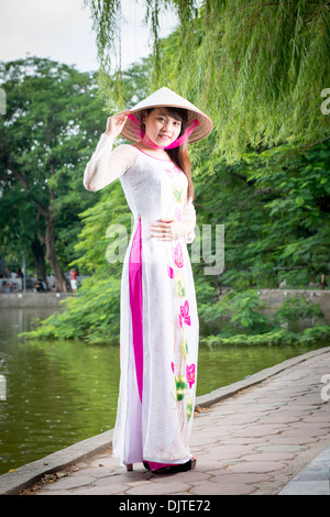 Vietnam traditioanl cloth Ao Dai model, Nhan,20, Hanoi, vietnam Stock Photo