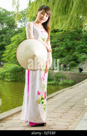 Vietnam traditioanl cloth Ao Dai model, Nhan,20, Hanoi, vietnam Stock Photo