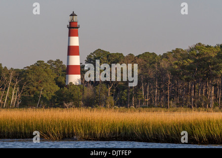 Assateague Lighthouse on Assateague Island, Virginia, in the Chincoteague National Wildlife Refuge at sunset. Stock Photo