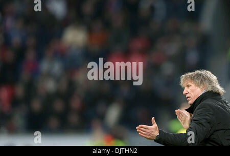 Leverkusen, Germany. 30th Nov, 2013. Nuremberg's coach Gertjan Verbeek reacts during the Bundesliga soccer match between Bayer o4 Leverkusen and 1. FC Nuremberg in the BayArena in Leverkusen, Germany, 30 November 2013. Photo: Rolf Vennenbernd/dpa (ATTENTION: Due to the accreditation guidelines, the DFL only permits the publication and utilisation of up to 15 pictures per match on the internet and in online media during the match.)/dpa/Alamy Live News Stock Photo