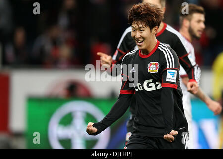 Leverkusen, Germany. 30th Nov, 2013. Leverkusen's Heung Min Son cheers after he scored for 1-0 during the Bundesliga soccer match between Bayer o4 Leverkusen and 1. FC Nuremberg in the BayArena in Leverkusen, Germany, 30 November 2013. Photo: Rolf Vennenbernd/dpa (ATTENTION: Due to the accreditation guidelines, the DFL only permits the publication and utilisation of up to 15 pictures per match on the internet and in online media during the match.)/dpa/Alamy Live News Stock Photo