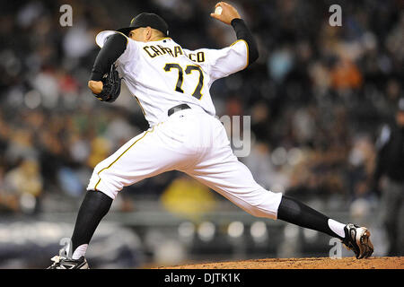 Pirates relief pitcher Carrasco (77) delivers a side arm pitch in a game at PNC Park in Pittsburgh Pennsylvania. .Pirates win in dramatic fashion 5-4 with RF Jones hitting abases loaded pitch ball off the outfield wall. (Credit Image: © Paul Lindenfelser/Southcreek Global/ZUMApress.com) Stock Photo