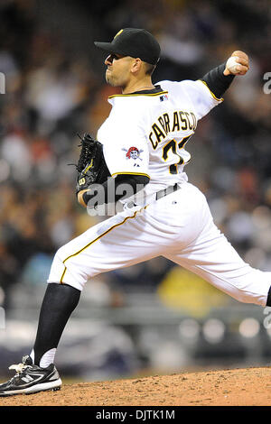 Pirates relief pitcher Carrasco (77) goes over the top with a pitch in a game at PNC Park in Pittsburgh Pennsylvania. .Pirates win in dramatic fashion 5-4 with RF Jones hitting abases loaded pitch ball off the outfield wall. (Credit Image: © Paul Lindenfelser/Southcreek Global/ZUMApress.com) Stock Photo