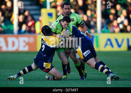 Gloucester, UK. 30th Nov, 2013. Action during the Aviva Premiership Rugby Union fixture between Worcester Warriors and Northampton Saints from Sixways Stadium, Worcester. Credit:  Action Plus Sports/Alamy Live News
