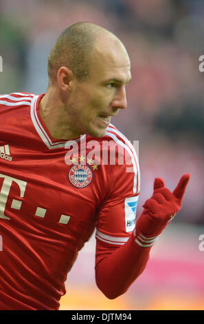 Munich, Germany. 30th Nov, 2013. Munich's Arjen Robben celebrates his goal for 1-0 during the German Bundesliga match between FC Bayern Munich and Eintracht Braunschweig at Allianz Arena © Action Plus Sports/Alamy Live News Stock Photo