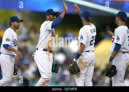 22 May  2010: Los Angeles Dodger players Jamey Carroll, Matt Kemp, Casey Blake, and James Loney celebrate after their 6-4 victory over the Detroit Tigers at Dodger Stadium. (Credit Image: © Tony Leon/Southcreek Global/ZUMApress.com) Stock Photo