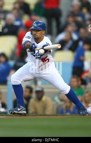 1 Jun  2010: Los Angeles Dodgers shortstop Rafael Furcal attempts a drag bunt during his first at bat against Arizona Diamondbacks starting pitcher Dan Haren.  During a game between Western Division Rivals, Arizona Diamondbacks and Los Angeles Dodgers, at Dodger Stadium. (Credit Image: © Tony Leon/Southcreek Global/ZUMApress.com) Stock Photo