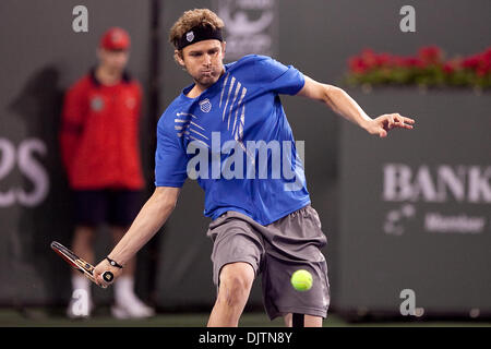 Mardy FISH (USA) blue shirt and Novak DJOKOVIC (SRB) black shirt  - at the 2010 BNP Paribas Open held at the Indian Wells Tennis Garden in Indian Wells, California. Djokovic (SRB) defeated Fish (USA) 6-1, 0-6, 6-2. (Credit Image: © Gerry Maceda/Southcreek Global/ZUMApress.com) Stock Photo