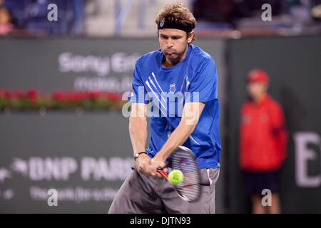 Mardy FISH (USA) blue shirt and Novak DJOKOVIC (SRB) black shirt  - at the 2010 BNP Paribas Open held at the Indian Wells Tennis Garden in Indian Wells, California. Djokovic (SRB) defeated Fish (USA) 6-1, 0-6, 6-2. (Credit Image: © Gerry Maceda/Southcreek Global/ZUMApress.com) Stock Photo