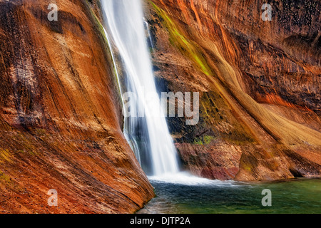 Lower Calf Creek Falls pours over the brilliant colored walls of Navajo sandstone in Utah's Escalante National Monument. Stock Photo