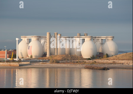 The Deer Island Waste Water Treatment Plant in Boston harbor is run by the Massachusetts Water Resources Authority. Stock Photo