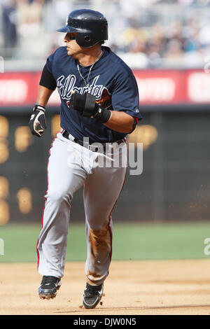 Atlanta Braves Chipper Jones heads for home on a Yunel Escobar single  during the Braves 6-2 win over the San Diego Padres game 3 at Petco Park in  San Diego, CA. (Credit