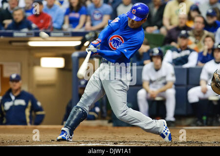 Chicago Cubs center fielder Kosuke Fukudome (1) hits a 2 run homer during the 2nd inning of the game between the Milwaukee Brewers and Chicago Cubs at Miller Park in Milwaukee, Wisconsin.  The Cubs defeated the Brewers 12-2 to sweep the 3 game series. (Credit Image: © John Rowland/Southcreek Global/ZUMApress.com) Stock Photo