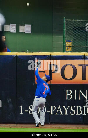 Chicago Cubs center fielder Kosuke Fukudome (1) makes the catch at the wall on a fly ball hit by the Milwaukee Brewers' Jody Gerut (22) during the game between the Milwaukee Brewers and Chicago Cubs at Miller Park in Milwaukee, Wisconsin.  The Cubs defeated the Brewers 12-2 to sweep the 3 game series. (Credit Image: © John Rowland/Southcreek Global/ZUMApress.com) Stock Photo