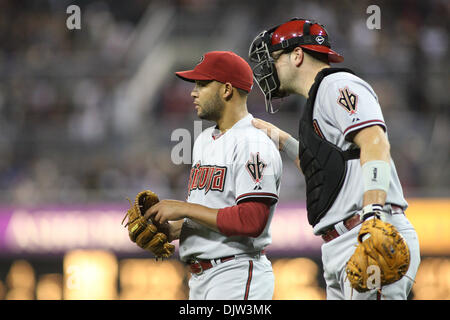 Arizona Diamondbacks catcher Chris Snyder talks with pitcher Jordan Norberto during game 2 against the San Diego Padres at Petco Park San Diego CA. Padres won 5-0. (Credit Image: © Nick Morris/Southcreek Global/ZUMApress.com) Stock Photo