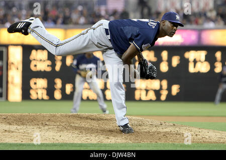 Milwaukee Brewers right hand pitcher LaTroy Hawkins took the mound in the  8th inning against the San Diego Padres during game 3 at at Petco Park in  San Diego, CA. Brewers won