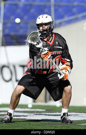 Mar. 6, 2010 - Baltimore, Maryland, U.S - 06 March 2010:  Princeton attack  Rob Engelke  #22 receives the ball during the Konica Minota Face-Off Classic game held at M&T Bank Stadium in Baltimore, Maryland. The Princeton Tigers defeated the Hopkins Blue Jays 11-10..Mandatory Credit: Alan Maglaque / Southcreek Global (Credit Image: © Southcreek Global/ZUMApress.com) Stock Photo