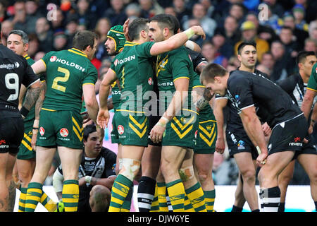 Manchester, UK. 30th Nov, 2013. Cooper Cronk (Australia &amp; Melbourne Storm) celebrates his try during the Rugby League World Cup Final between New Zealand and Australia at Old Trafford Manchester. Credit:  Action Plus Sports/Alamy Live News Stock Photo
