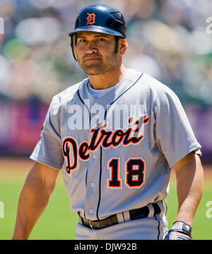 May 20, 2010: Detroit Tigers left fielder Johnny Damon (18) reacts to striking out during the game between the Oakland A's and the Detroit Tigers at the Oakland-Alameda County Coliseum in Oakland CA. The Tigers defeated the A's 5-2. (Credit Image: © Damon Tarver/Southcreek Global/ZUMApress.com) Stock Photo