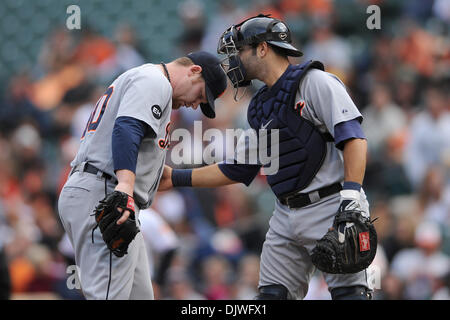 Oct. 3, 2010 - Baltimore, Maryland, United States of America - Detroit Tigers starting pitcher Phil Coke (40) and catcher Alex Avila (13) talk on the mound during the second inning of Sunday afternoon's game against the Baltimore Orioles at Camden Yards in Baltimore, MD. The Tigers defeated the Orioles 4-2. (Credit Image: © Russell Tracy/Southcreek Global/ZUMApress.com) Stock Photo
