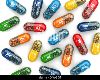 Dietary supplements. Variety pills. Vitamin capsules. 3d Stock Photo