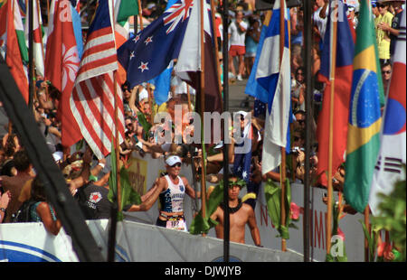Oct 9, 2010 - Big Island, Hawaii, U.S. - Professional athlete MIRINDA CARFRAE excitedly approaches the finish line in victory at the Ford Ironman World Championships from Kailua-Kona. (Credit Image: © L.E. Baskow/ZUMApress.com) Stock Photo
