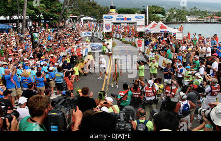 Oct 9, 2010 - Big Island, Hawaii, U.S. - Professional athlete CHRIS McCORMACK salutes the energetic crowd after crossing the finish line in victory at the Ford Ironman World Championships from Kailua-Kona. (Credit Image: © L.E. Baskow/ZUMApress.com) Stock Photo