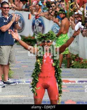 Oct 9, 2010 - Big Island, Hawaii, U.S. - Professional athlete CHRIS McCORMACK celebrates with the energetic crowd after crossing the finish line in victory at the Ford Ironman World Championships from Kailua-Kona. (Credit Image: © L.E. Baskow/ZUMApress.com) Stock Photo
