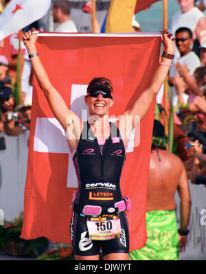 Oct 9, 2010 - Big Island, Hawaii, U.S. - Professional athlete CAROLINE STEFFEN excitedly crosses the finish line in second place during the Ford Ironman World Championships from Kailua-Kona. (Credit Image: © L.E. Baskow/ZUMApress.com) Stock Photo