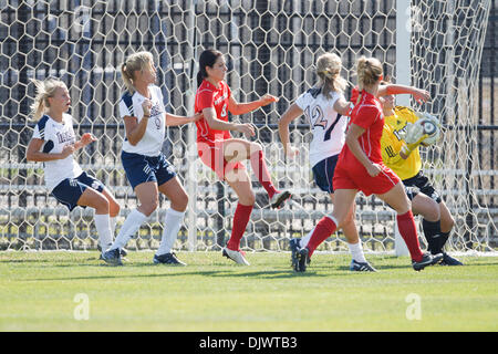 Oct. 10, 2010 - South Bend, Indiana, United States of America - Notre Dame goalkeeper Nikki Weiss (#1) makes save on corner kick during NCAA women's soccer match between Rutgers and Notre Dame.  The Notre Dame Fighting Irish defeated the Rutgers Scarlet Knights 3-2 in game at Alumni Stadium in South Bend, Indiana. (Credit Image: © John Mersits/Southcreek Global/ZUMApress.com) Stock Photo