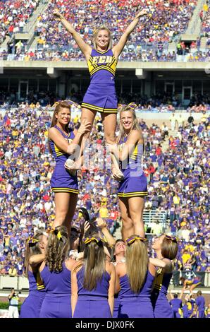 Oct. 16, 2010 - Greenville, North Carolina, United States of America - ECU cheerleaders perform during the game between the East Carolina Pirates and the NC State Wolfpack at Dowdy-Ficklen Stadium.  The Pirates defeated the Wolfpack 33-27 in overtime. (Credit Image: © David Friend/Southcreek Global/ZUMApress.com) Stock Photo