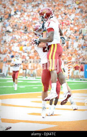 Oct. 23, 2010 - Austin, Texas, United States of America - Iowa State Cyclones wide receiver Darius Reynolds (7) and Iowa State Cyclones wide receiver Jake Williams (83) celebrate Reynolds touchdown  during the game between the University of Texas and Iowa State. The Cyclones defeated the Longhorns 28-21. (Credit Image: © Jerome Miron/Southcreek Global/ZUMApress.com) Stock Photo