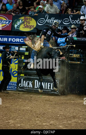 Oct. 24, 2010 - Las Vegas, Nevada, United States of America - Another flying bull in the final round of the 2010 Built Ford Tough PBR World Finals at the Thomas & Mack Center in Las Vegas, Nevada. (Credit Image: © Matt Gdowski/Southcreek Global/ZUMApress.com) Stock Photo