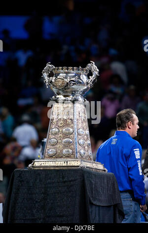 Oct. 24, 2010 - Las Vegas, Nevada, United States of America - The PBR trophy awaits the winner of the 2010 Built Ford Tough PBR World Finals at the Thomas & Mack Center in Las Vegas, Nevada. (Credit Image: © Matt Gdowski/Southcreek Global/ZUMApress.com) Stock Photo