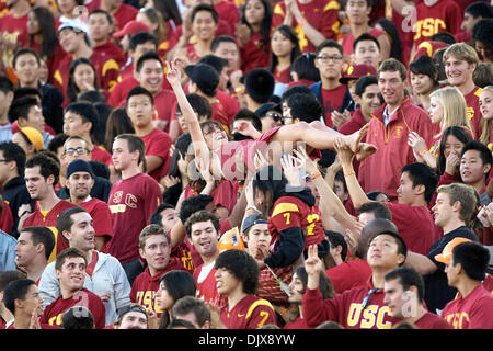 Oct. 30, 2010 - Los Angeles, California, United States of America - Trojan fans had much to cheer about, as the Trojans came out in the second half and scored 14 quick points, and took a 32-29 lead, before Oregon pulled away.  Oregon would go on to defeat the Trojans, 53-32 at the Los Angeles Memorial Coliseum. (Credit Image: © Tony Leon/Southcreek Global/ZUMApress.com) Stock Photo