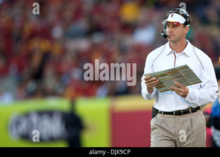 Oct. 30, 2010 - Los Angeles, California, United States of America - USC Trojans head coach Lane Kiffin would keep the Trojans close in the third quarter, taking the lead at 32-29, before the Ducks would score 24 unanswered points, as Oregon would go on to defeat the Trojans, 53-32 at the Los Angeles Memorial Coliseum. (Credit Image: © Tony Leon/Southcreek Global/ZUMApress.com) Stock Photo