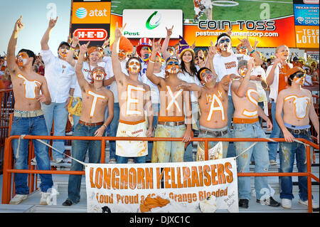 Oct. 30, 2010 - Austin, Texas, United States of America - Texas Fans gets ready to cheer on their Longhorns before the game between the University of Texas and Baylor University. The Bears defeated the Longhorns 30-22. (Credit Image: © Jerome Miron/Southcreek Global/ZUMApress.com) Stock Photo