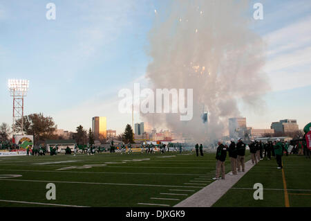 Nov. 6, 2010 - Regina, Saskatchewan, Canada - The Saskatchewan Roughriders take the field to fireworks before action during the Saskatchewan RoughrIders vs Edmonton Eskimos game at Mosaic Stadium in Regina. The Saskatchewan Roughriders defeated the Edmonton Eskimos 31-23. (Credit Image: © Derek Mortensen/Southcreek Global/ZUMApress.com) Stock Photo