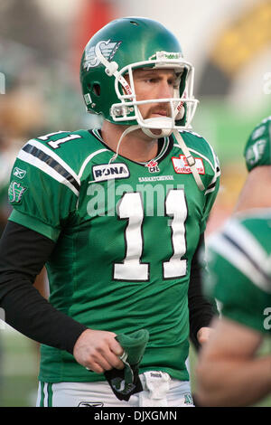 Nov. 6, 2010 - Regina, Saskatchewan, Canada - Saskatchewan Roughriders punter/kicker Eddie Johnson (#11) before action during the Saskatchewan RoughrIders vs Edmonton Eskimos game at Mosaic Stadium in Regina. The Saskatchewan Roughriders defeated the Edmonton Eskimos 31-23. (Credit Image: © Derek Mortensen/Southcreek Global/ZUMApress.com) Stock Photo