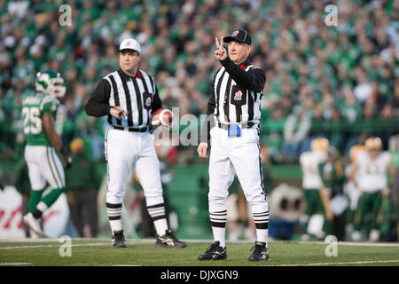 Nov. 6, 2010 - Regina, Saskatchewan, Canada - The ref signals second down in action during the Saskatchewan RoughrIders vs Edmonton Eskimos game at Mosaic Stadium in Regina. The Saskatchewan Roughriders defeated the Edmonton Eskimos 31-23. (Credit Image: © Derek Mortensen/Southcreek Global/ZUMApress.com) Stock Photo