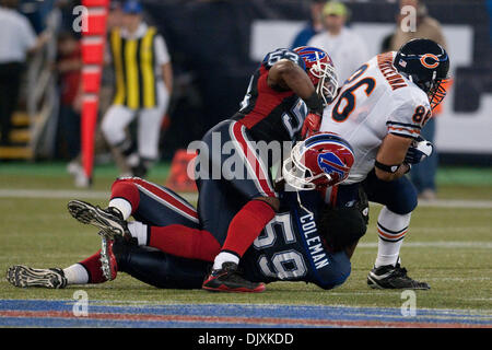 Buffalo Bills running back T.J. Yeldon (22) and tight end Reggie Gilliam  (86) stand in the end zone during the second half of an NFL football game  against the Tennessee Titans, Tuesday