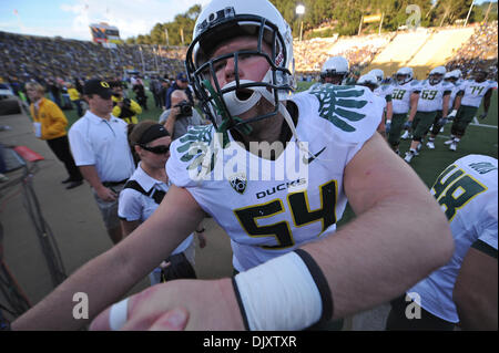 Nov. 13, 2010 - Berkeley, California, United States of America - Oregon Ducks offensive linesman Jordan Holmes (54) greets fans before the NCAA game between the California Golden Bears and the Oregon Ducks at Memorial Stadium.  Top-ranked Oregon beat Cal 15-13. (Credit Image: © Matt Cohen/Southcreek Global/ZUMApress.com) Stock Photo